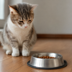 Cat sitting near a food bowl and refusing to eat