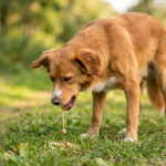 A golden brown dog standing on green grass while vomiting outdoors.
