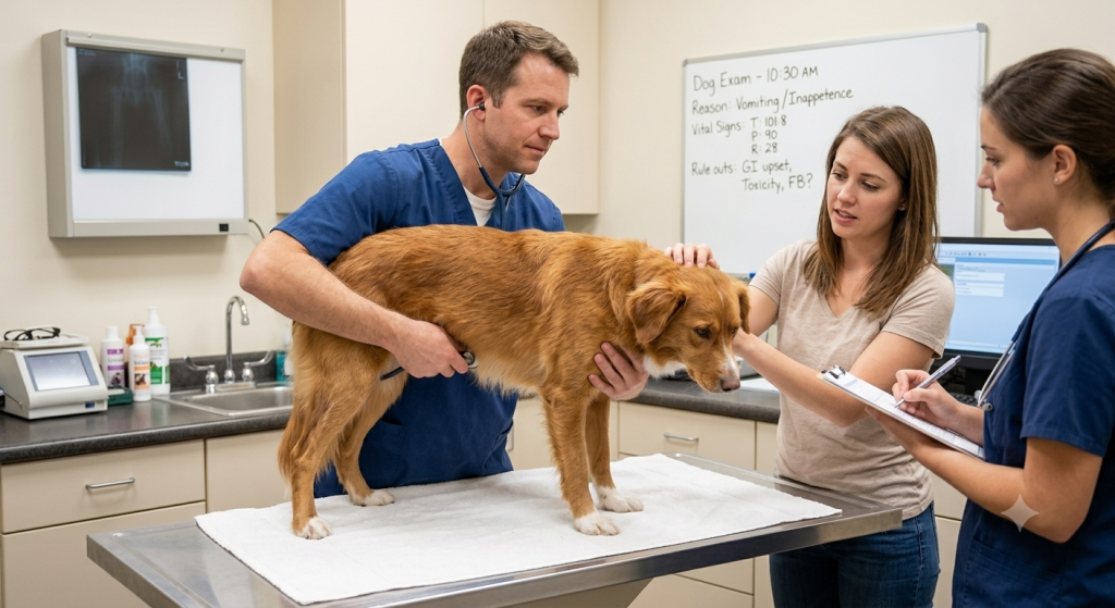 This image illustrates a professional veterinary medical check-up for a dog experiencing health issues like persistent vomiting or digestive upset. The purpose of this visual is to guide dog owners on the importance of consulting a qualified veterinarian immediately if their dog's vomiting becomes severe, frequent, or is accompanied by lethargy, ensuring proper diagnosis and timely medical treatment.